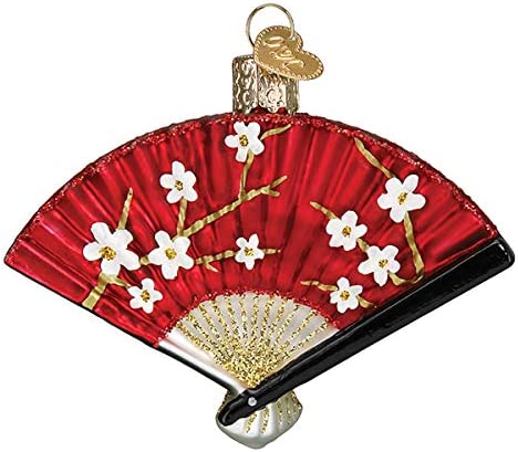 Folding fans have offered a cool, refreshing breeze since the 4th century BC. This striking red fan ornament is decorated with hand painted cherry blossoms and twinkling glitter. Glass ornament Hand painted and hand glittered. Size: 3.5" x 3".
