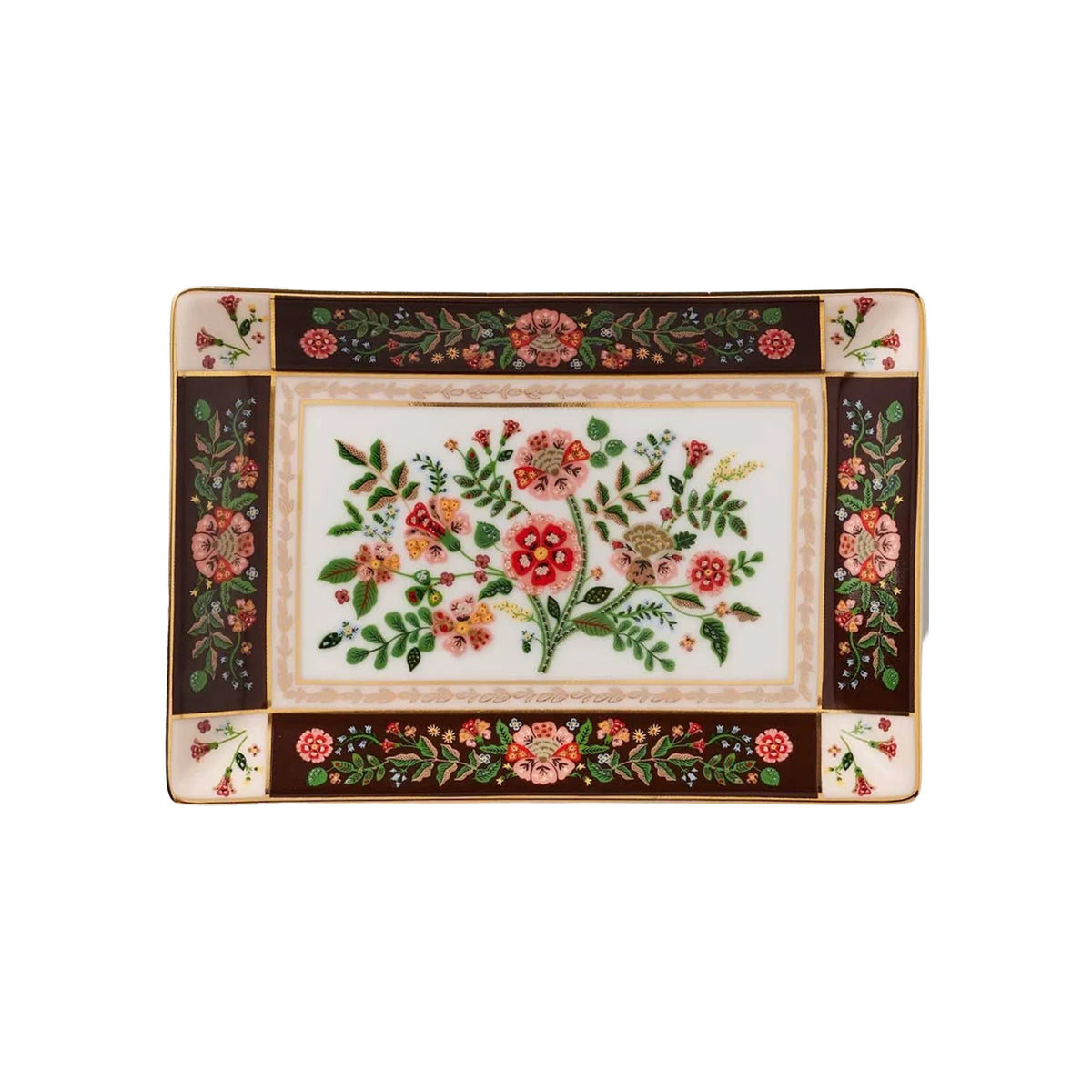 A rectangular shaped porcelain catch-all tray with a folk-art style floral pattern on a white background. 