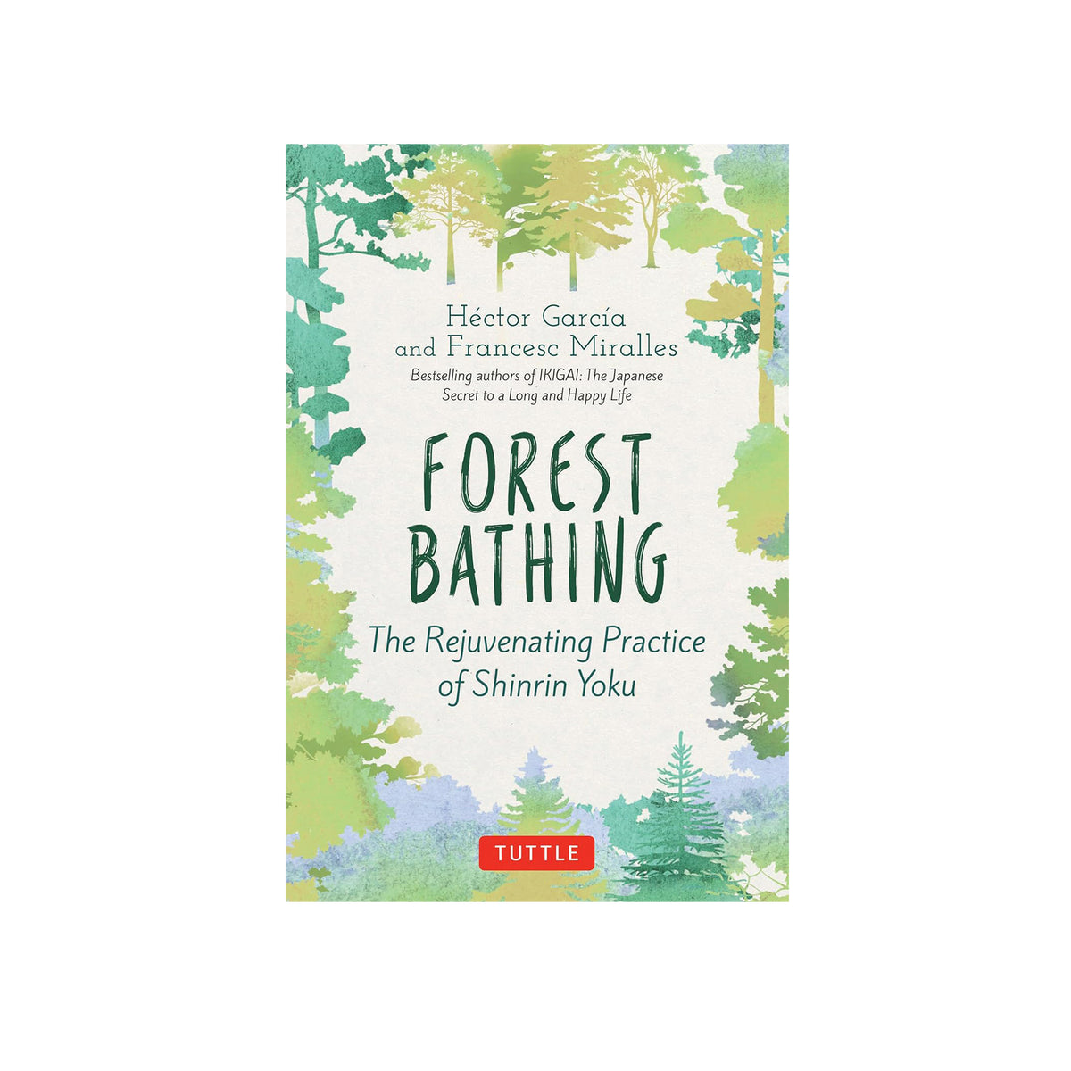 Book cover of 'Forest Bathing' with tree illustrations on a white background
