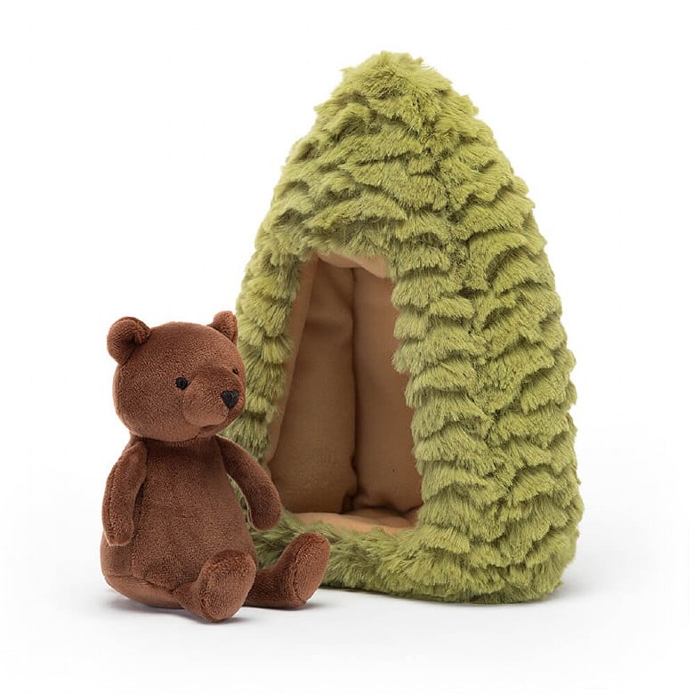 Welcome, welcome! Forest Fauna Bear is having a housewarming, though his quilted hideaway is cozy already! Our proud little pal has stretchy praline fur and lives in a gorgeous green tufty-soft tree! Popping in and out of the butterscotch lining, this wanderer's settled down nicely. Size 7" x 6".Suitable from birth.