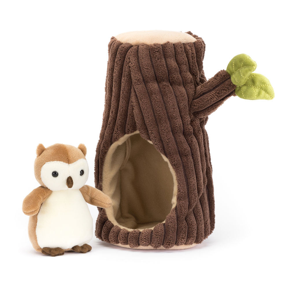 Swoop on down to meet Forest Fauna Owl, as they welcome you to their tree-trunk apartment. Chunky and cordy in praline fur, with a caramel lining and stitchy green leaves, it's a splendidly snuggly spot. With a sweetheart face, flip-flap wings and bobbly claws, this toffee-cream owl is very much at home! Dimensions: 7.5" x 4.3" x 3.9". Suitable from birth.