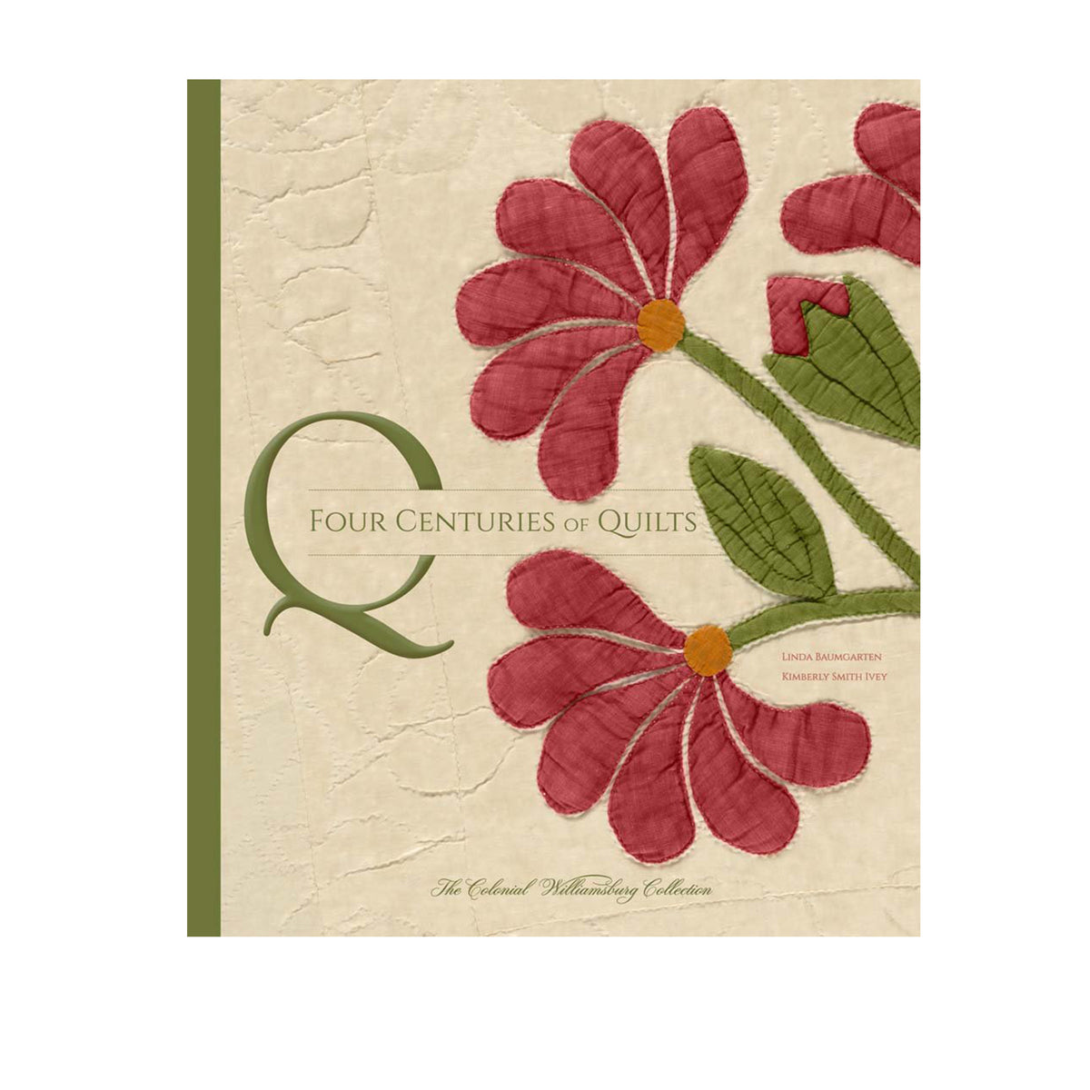 Book cover with floral design and text &#39;Four Centuries of Quilts&#39; on a beige background