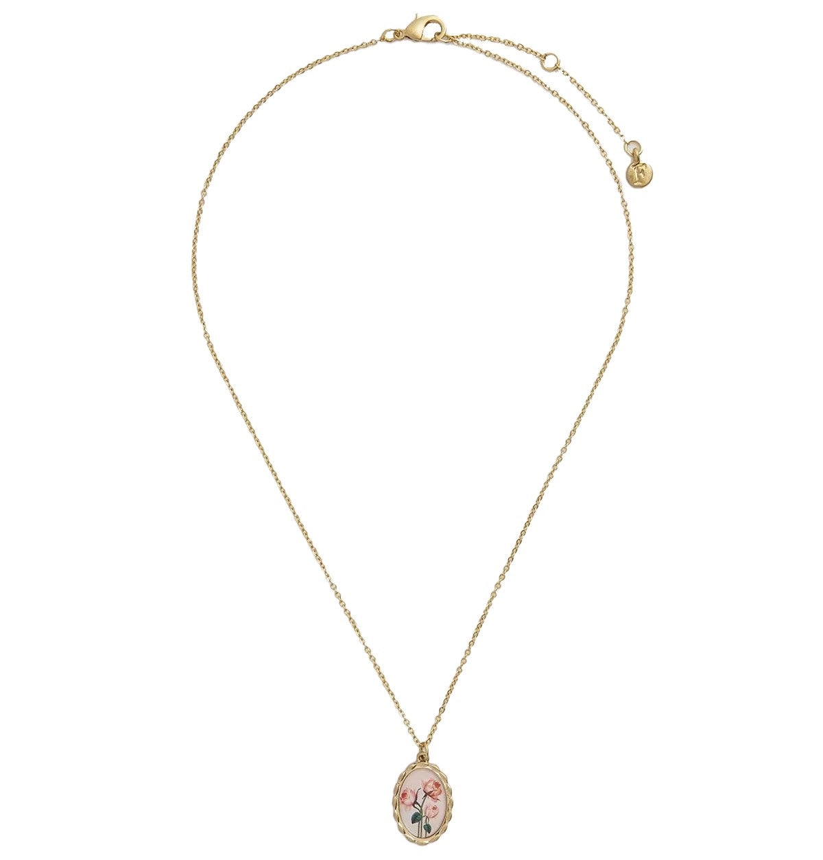 Adorn your neckline with the Framed Roses Necklace, a Victorian-inspired pendant featuring Dr Robert John Thornton's painted rose illustrations. Set in a timeless gold-tone oval hand-carved frame on a delicate chain, this necklace is a perfect piece of wearable art for any gallery or museum visit.