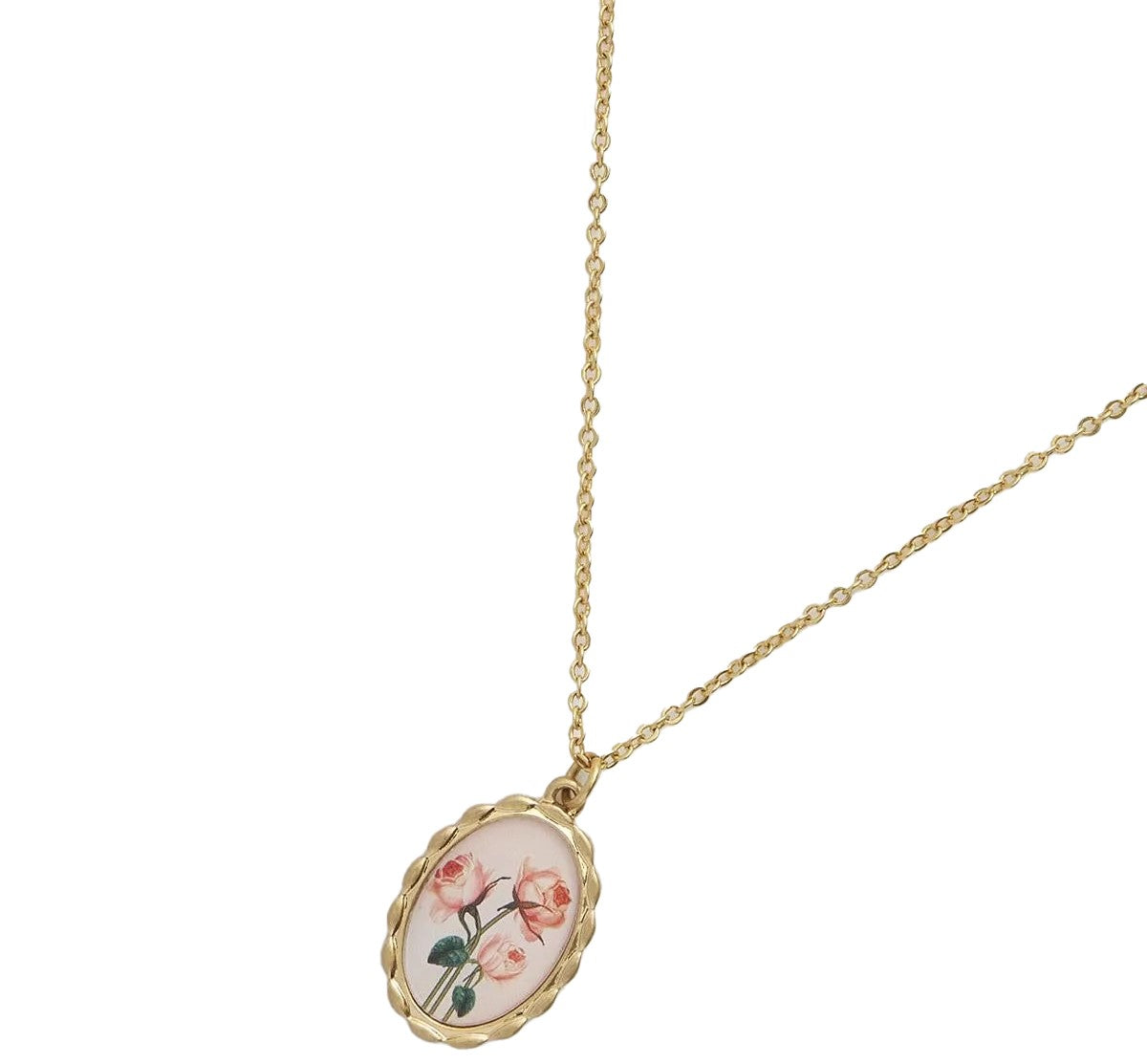 Adorn your neckline with the Framed Roses Necklace, a Victorian-inspired pendant featuring Dr Robert John Thornton's painted rose illustrations. Set in a timeless gold-tone oval hand-carved frame on a delicate chain, this necklace is a perfect piece of wearable art for any gallery or museum visit.
