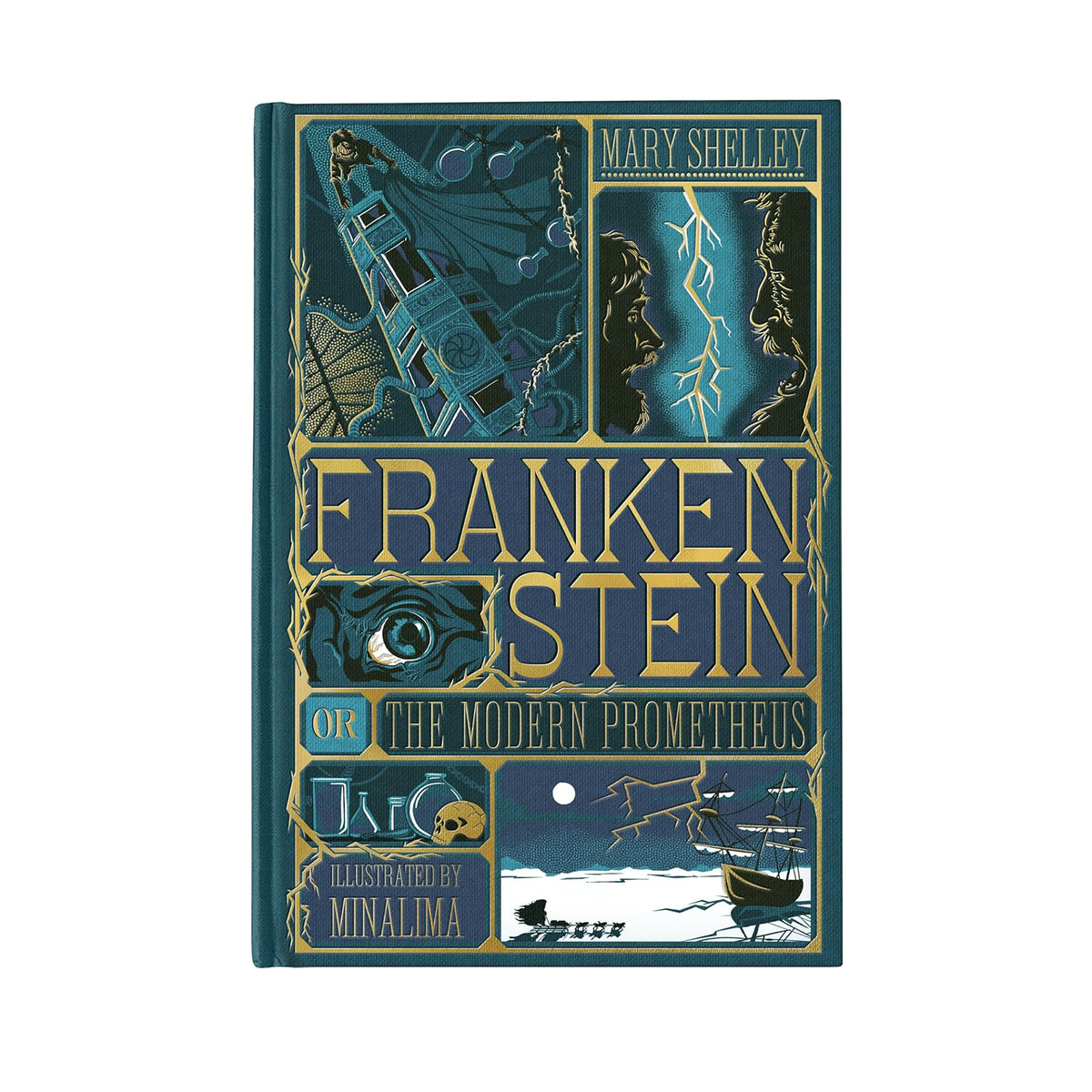 Book cover of 'Frankenstein' by Mary Shelley with illustrations by MINALIMA and text.