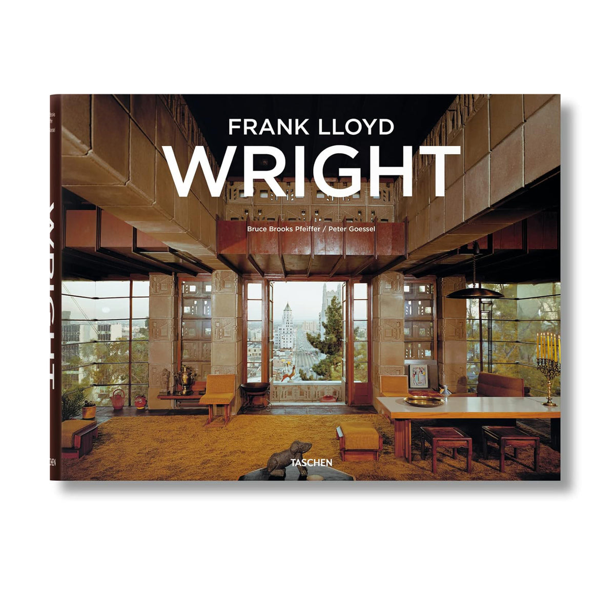 Book cover of &#39;Frank Lloyd Wright&#39; with interior design and architecture imagery.
