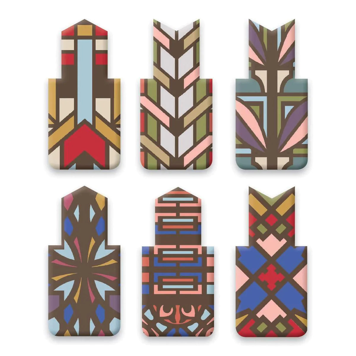 This set of Frank Lloyd Wright Designs Magnetic Bookmarks borrow design patterns from the famed architect to create an exceptional reading accessory. The six die-cut magnetic clips feature unique patterns that will add flair to any book or magazine page. Bookmark dimensions: 1 x 2", 25 x 51mm.