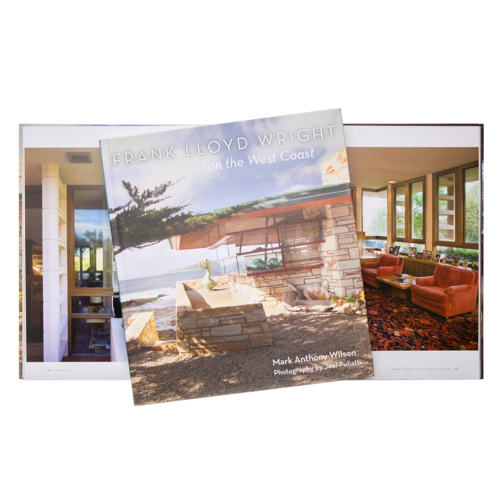Book titled 'Frank Lloyd Wright on the West Coast' with a cover image of a modernist house.
