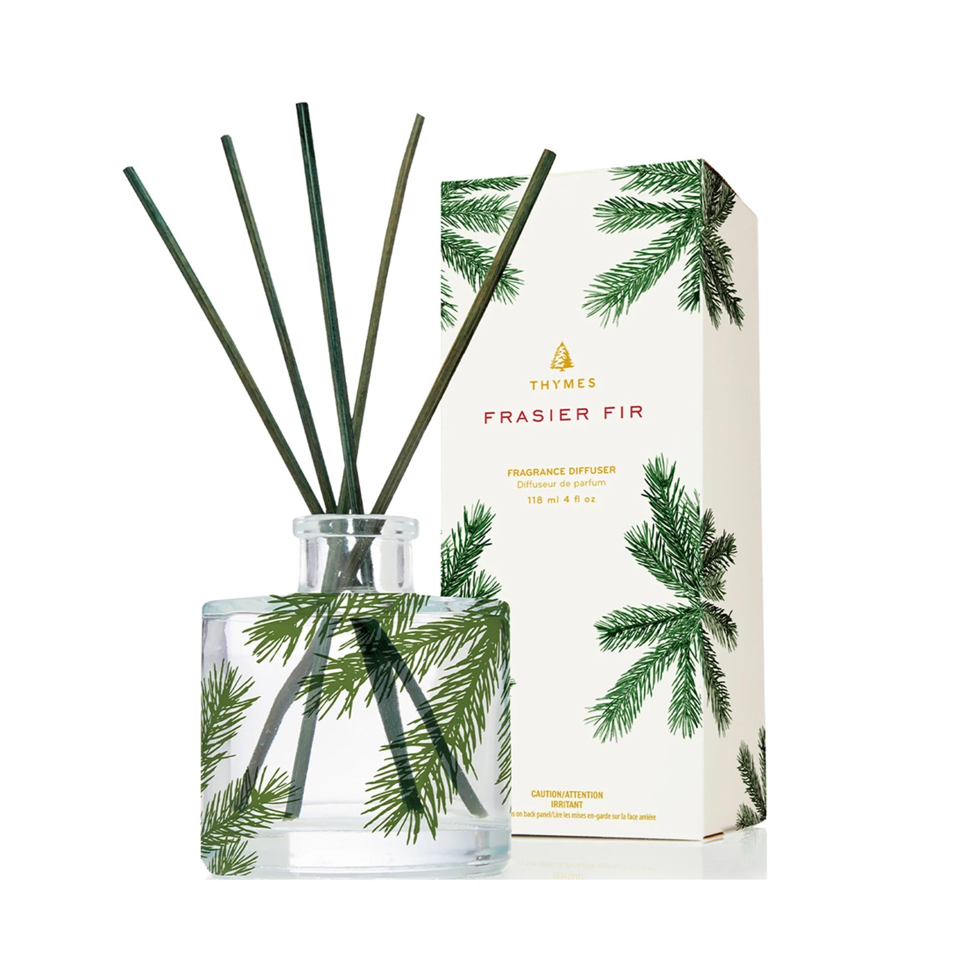 Thymes Frasier Fir fragrance diffuser with packaging on a white background