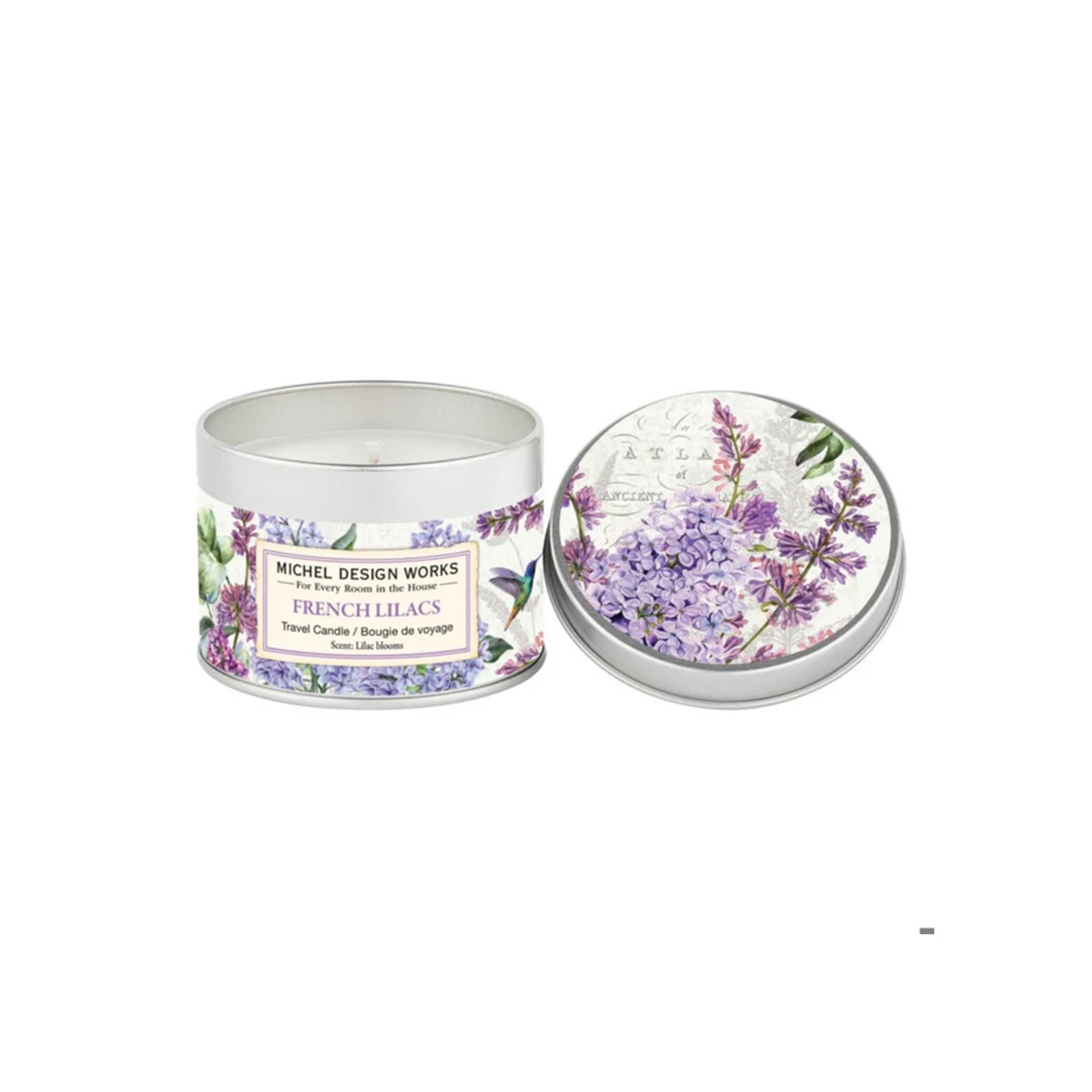 Michel Design Works French Lilacs travel candle in a tin with floral design on a white background