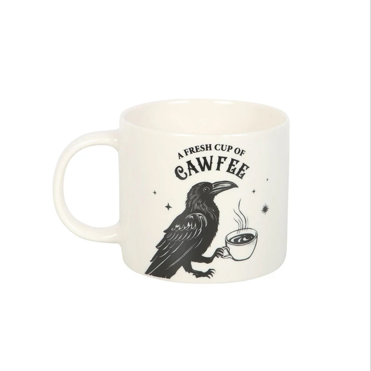 An off-white ceramic mug featuring a black illustration of a raven holding a cup of coffee, with the text 'A FRESH CUP OF CAWFEE' printed above it.