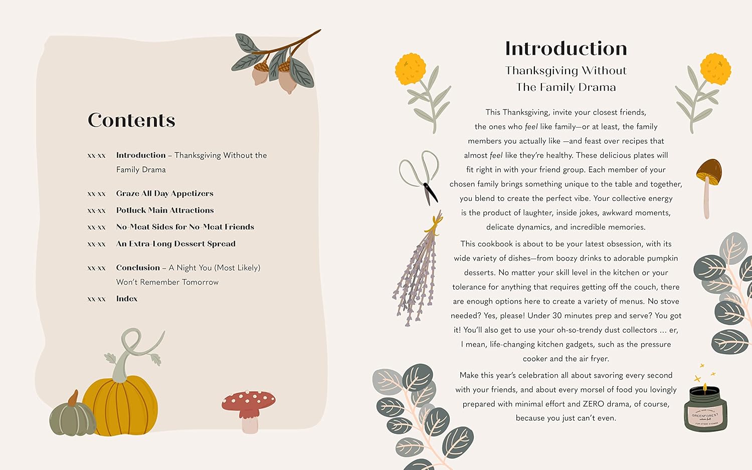 Cookbook cover of 'The Friendsgiving Cookbook' with autumn-themed illustrations on an orange background.