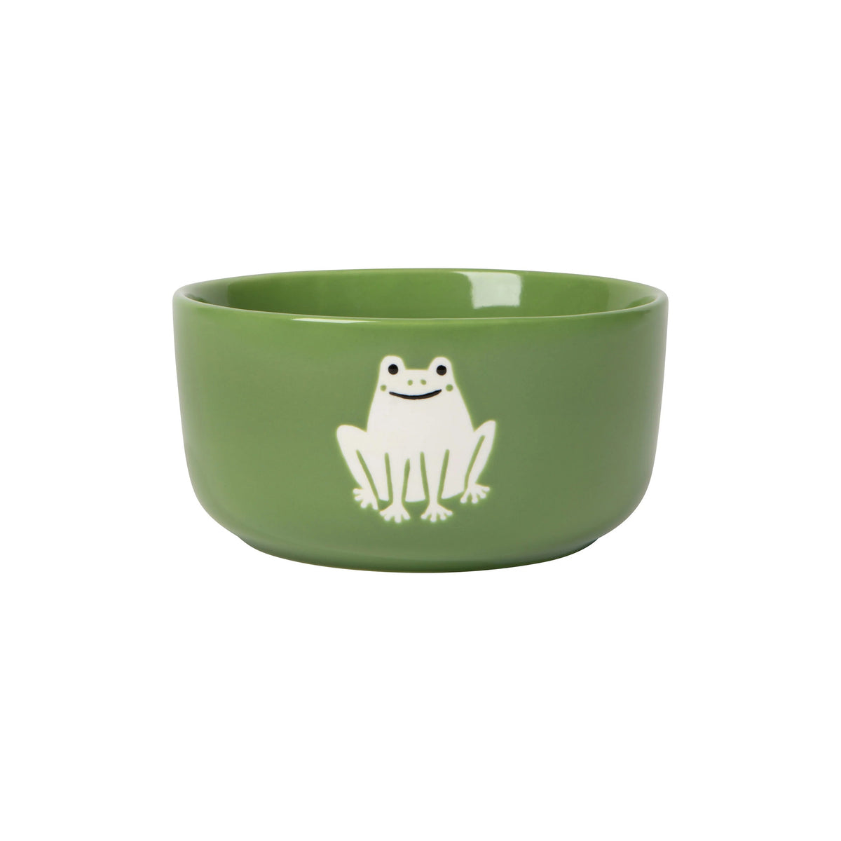 A green ceramic bowl featuring a white cartoon frog illustration on the front, set against a plain white background.