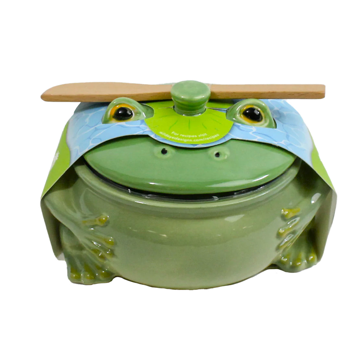 Frog-shaped ceramic brie baker with lid on a white background