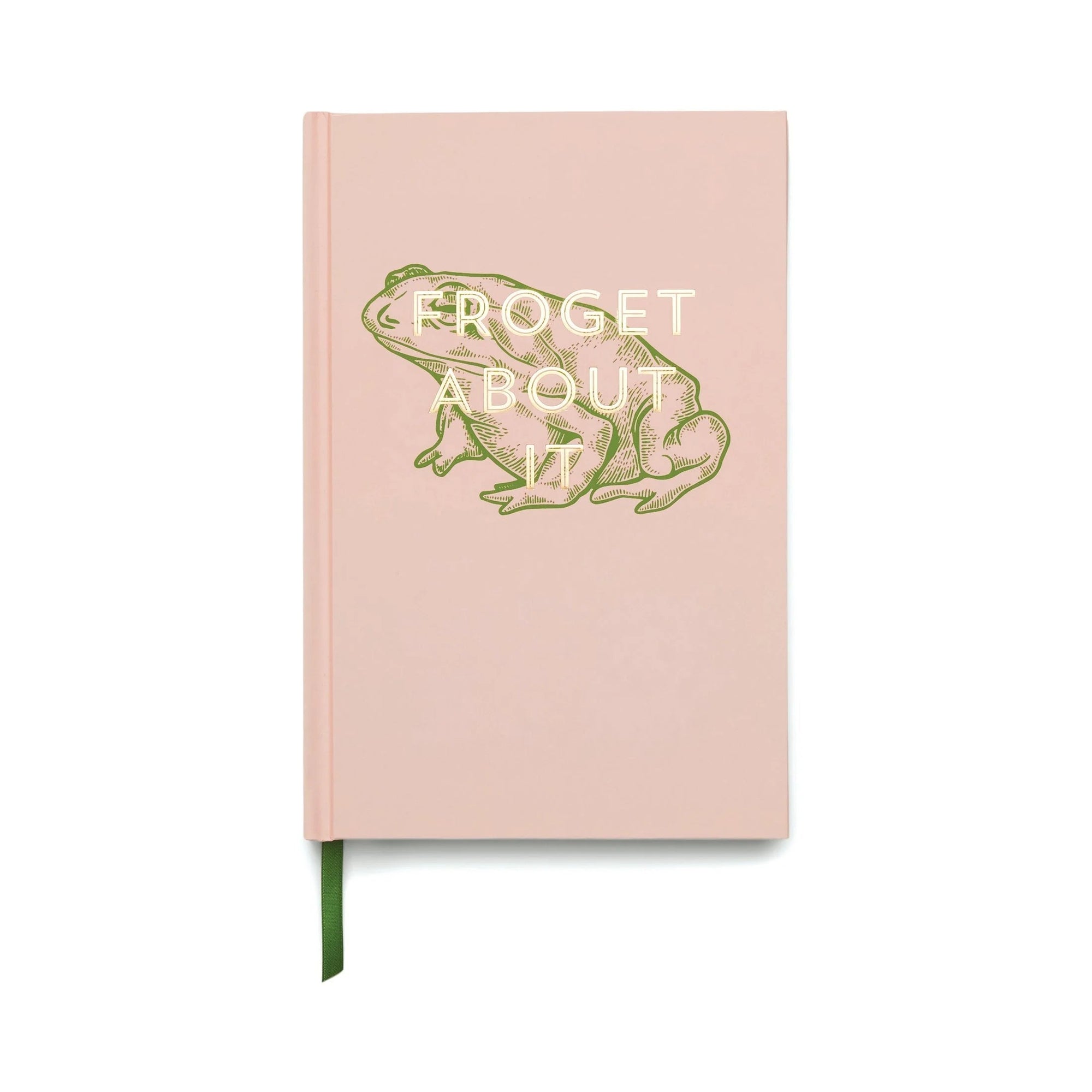 Pink notebook with a frog illustration and 'Froget About It' text on a white background