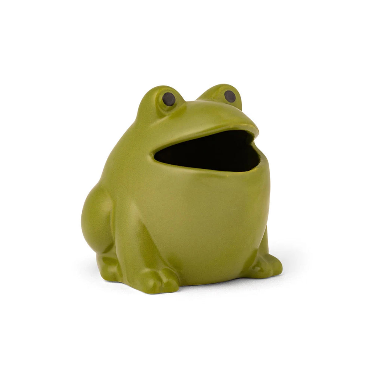 A ceramic green frog-shaped fly trap on a white background.