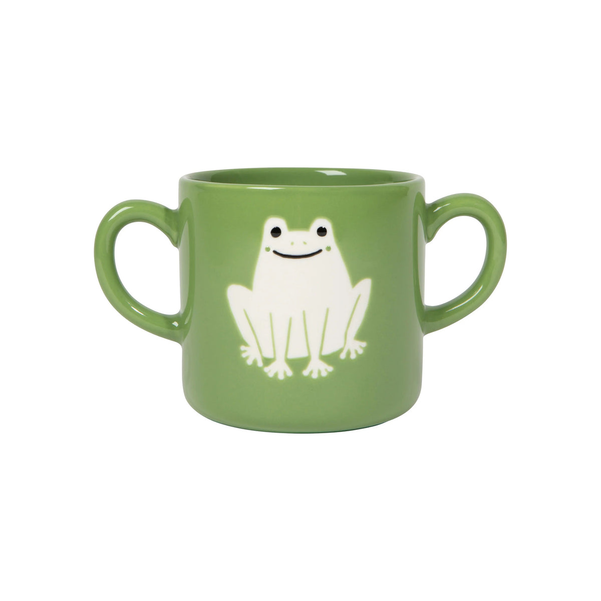 A green ceramic child's mug with two side handles and a white cartoon frog graphic on the front, shown against a plain white background.