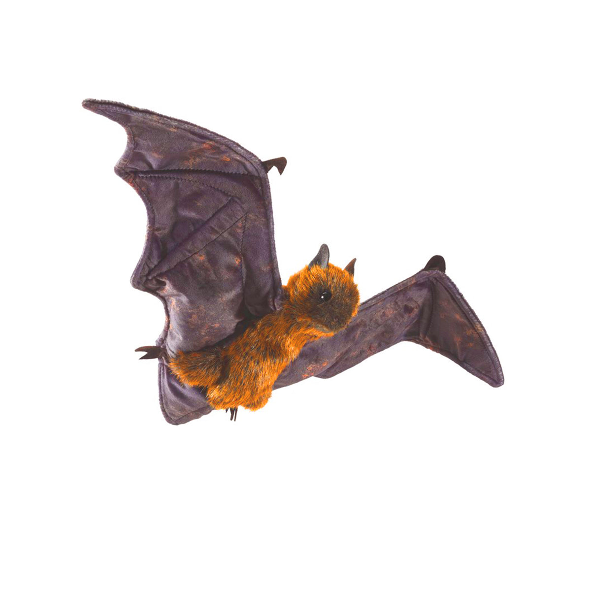 A realistic plush bat toy hand puppet with dark brown wings and a fluffy orange-brown body, shown against a plain white background.