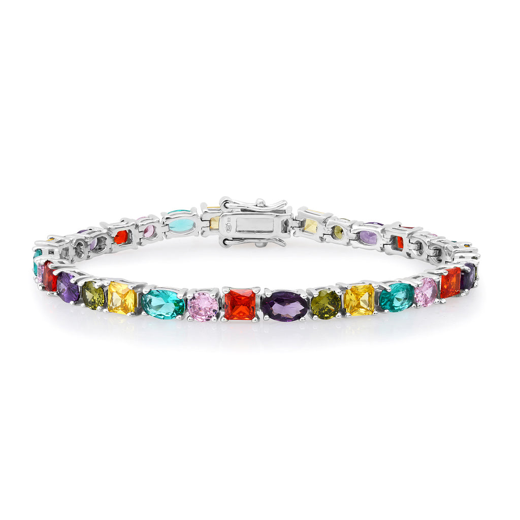 This stunning tennis bracelet features square, round and oval semi-precious faceted crystal stones on a 925-sterling silver base. The rainbow of colors makes it extra versatile, and able to match many outfit combinations. Materials: Sterling silver, cubic zirconia Bracelet length: 6.5". Made in California.