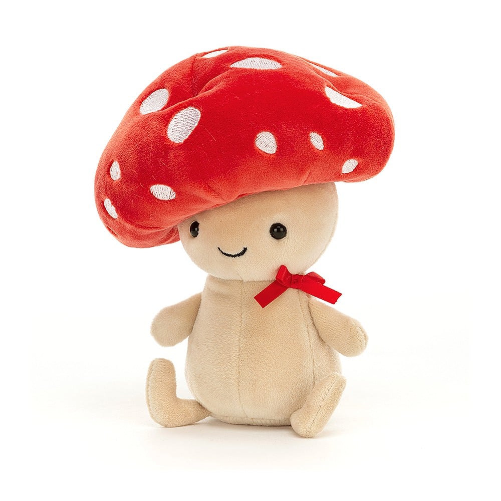 Make room for this mushroom! Fun-Guy Robbie is a master painter, the Michelangelo of mushrooms. No wonder he's got such a confident smile, with apple-red beret at a jaunty angle and that neat little bow. A stout little fellow, with velvety waggly feet, and cute bobbly tail. Size: 6" x 3". Suitable from birth.