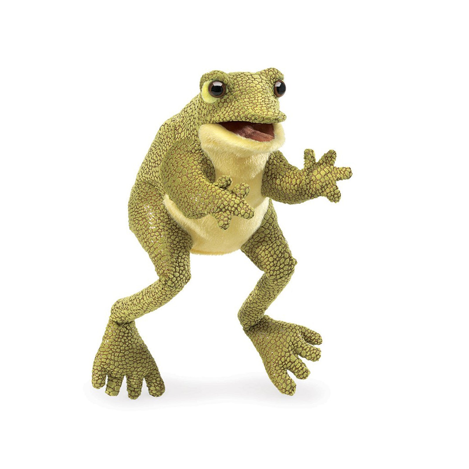Green frog hand puppet on a white background
