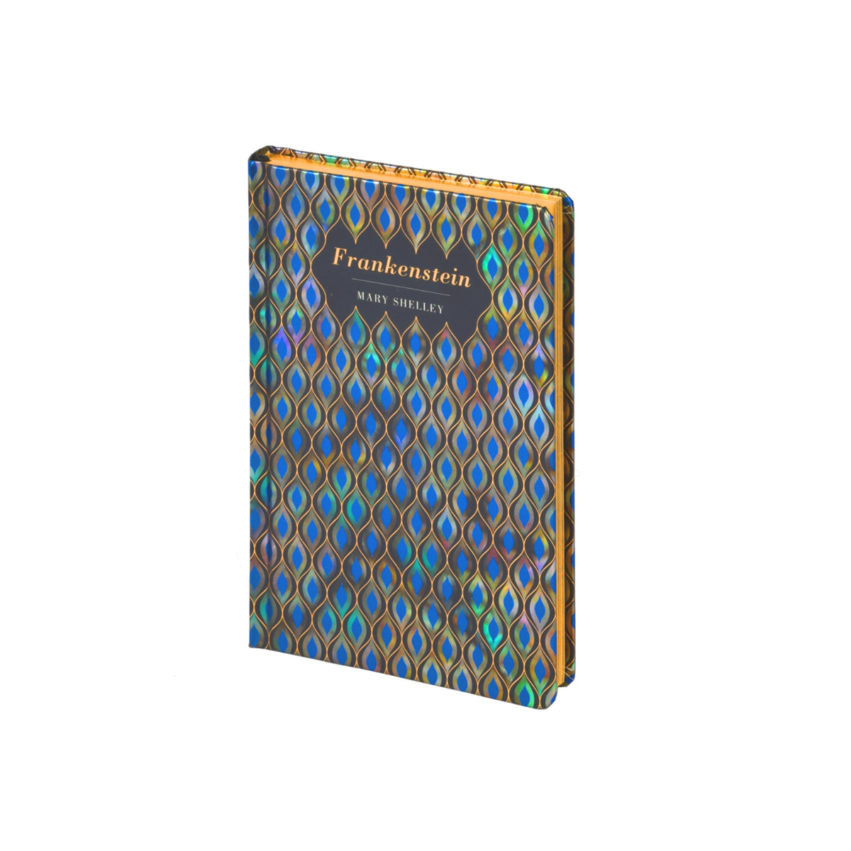 A hardcover edition of the book Frankenstein by Mary Shelley, featuring a vibrant iridescent peacock feather pattern on the cover with a black title label.