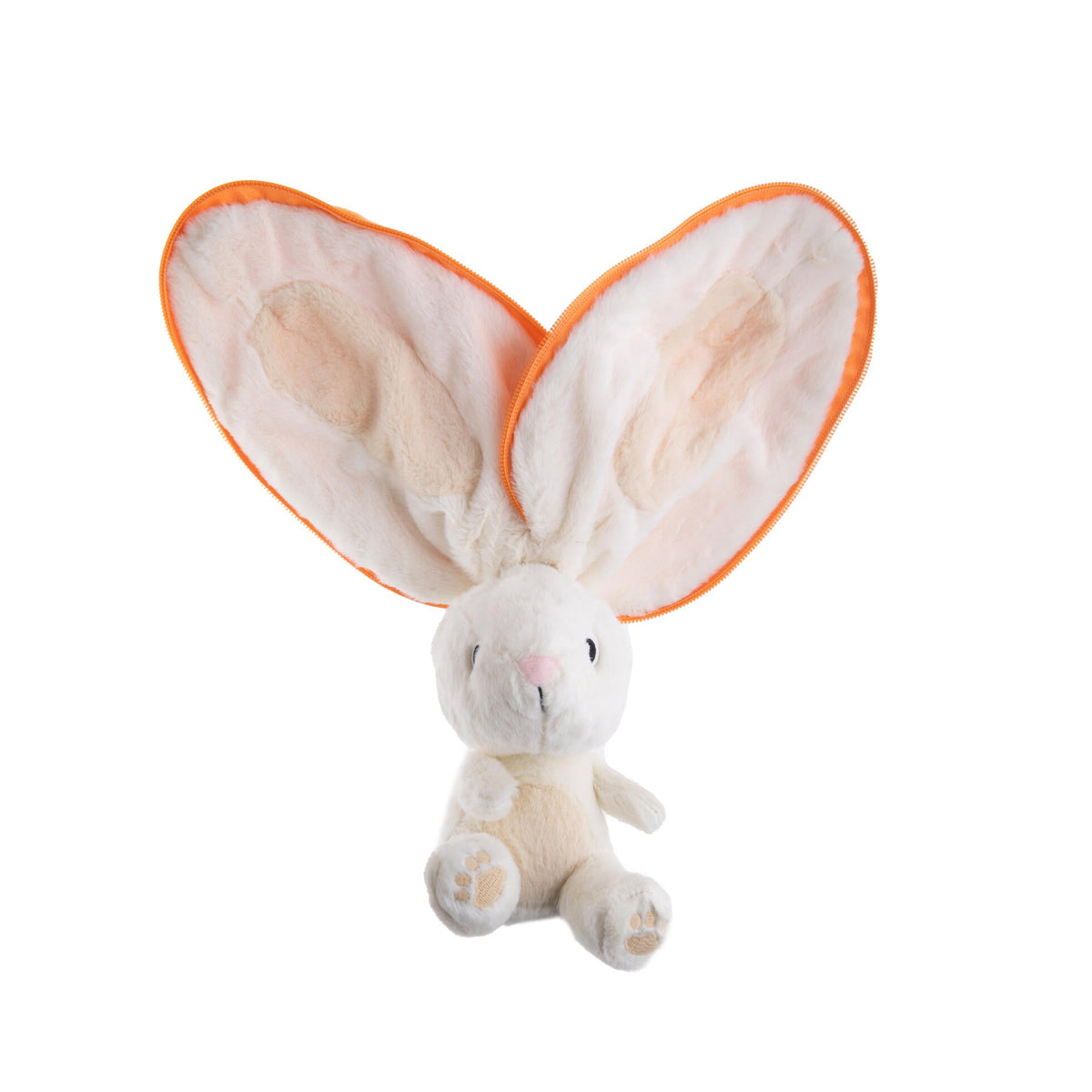 Plush toy rabbit with orange ears on a white background