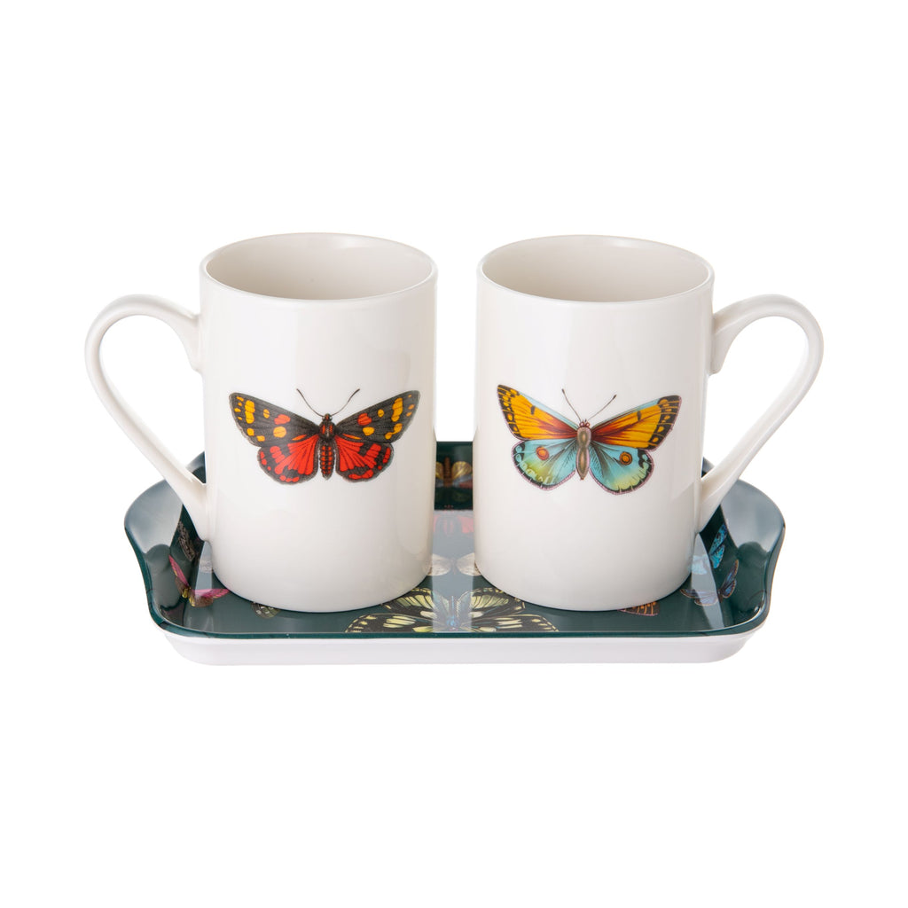 This Botanic Garden Harmony set of two fine porcelain mugs and a durable melamine mini tray, features colorful, vibrant butterflies, and makes a stunning addition to any home. Beautifully packaged, ready for gifting, this set is perfect for teatime. Mugs: 10oz. Tray: 8" x 6" .