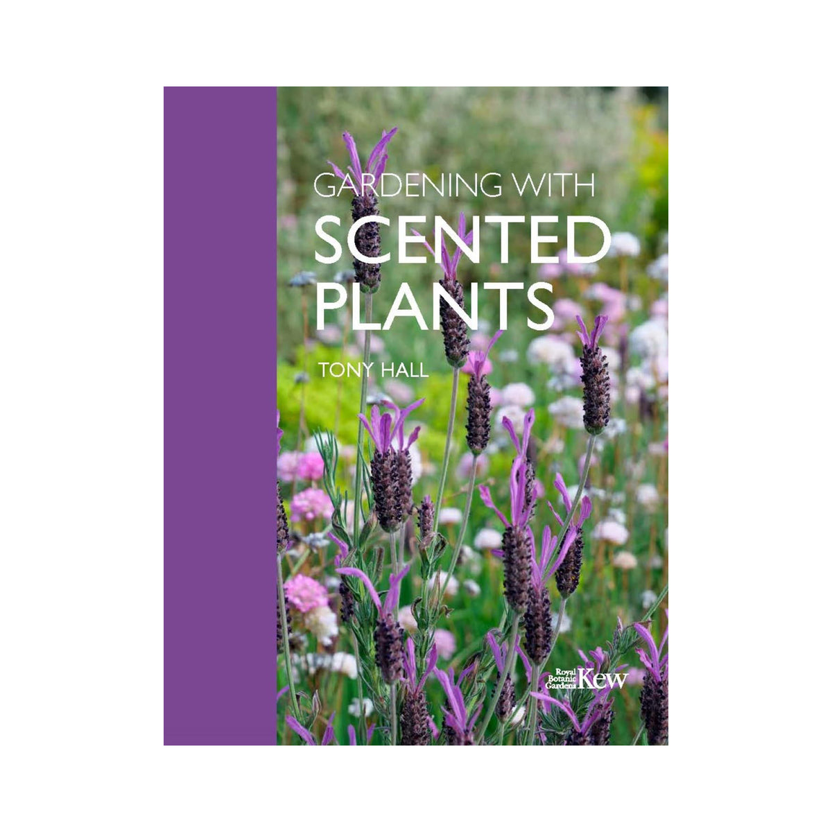 Book cover of 'Gardening with Scented Plants' by Tony Hall with a purple background and lavender flowers.