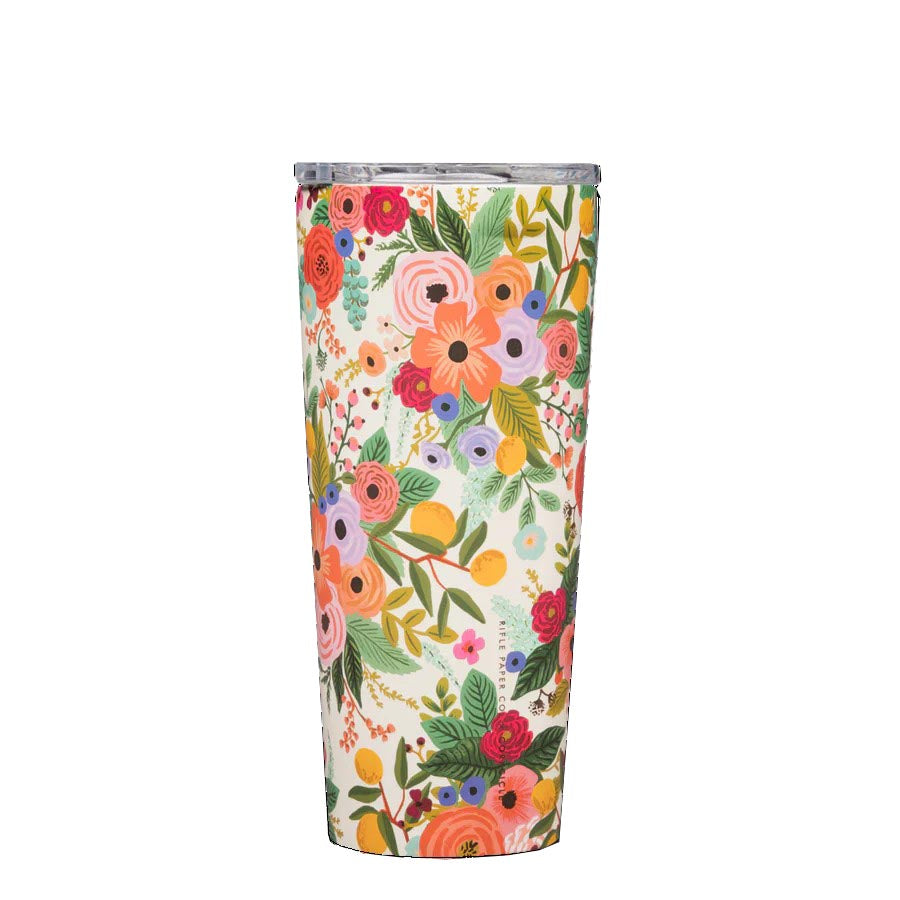 This terrific tumbler pairs a beautiful floral pattern with high-performing hydration insulation. Pretty and practical, this tumbler keeps your beverages cold for 9+ hours and hot for 3. Stays cold even longer with drinks containing ice.   Dimensions: 8.25" x 3.8". Holds 24 oz. Stainless steel.