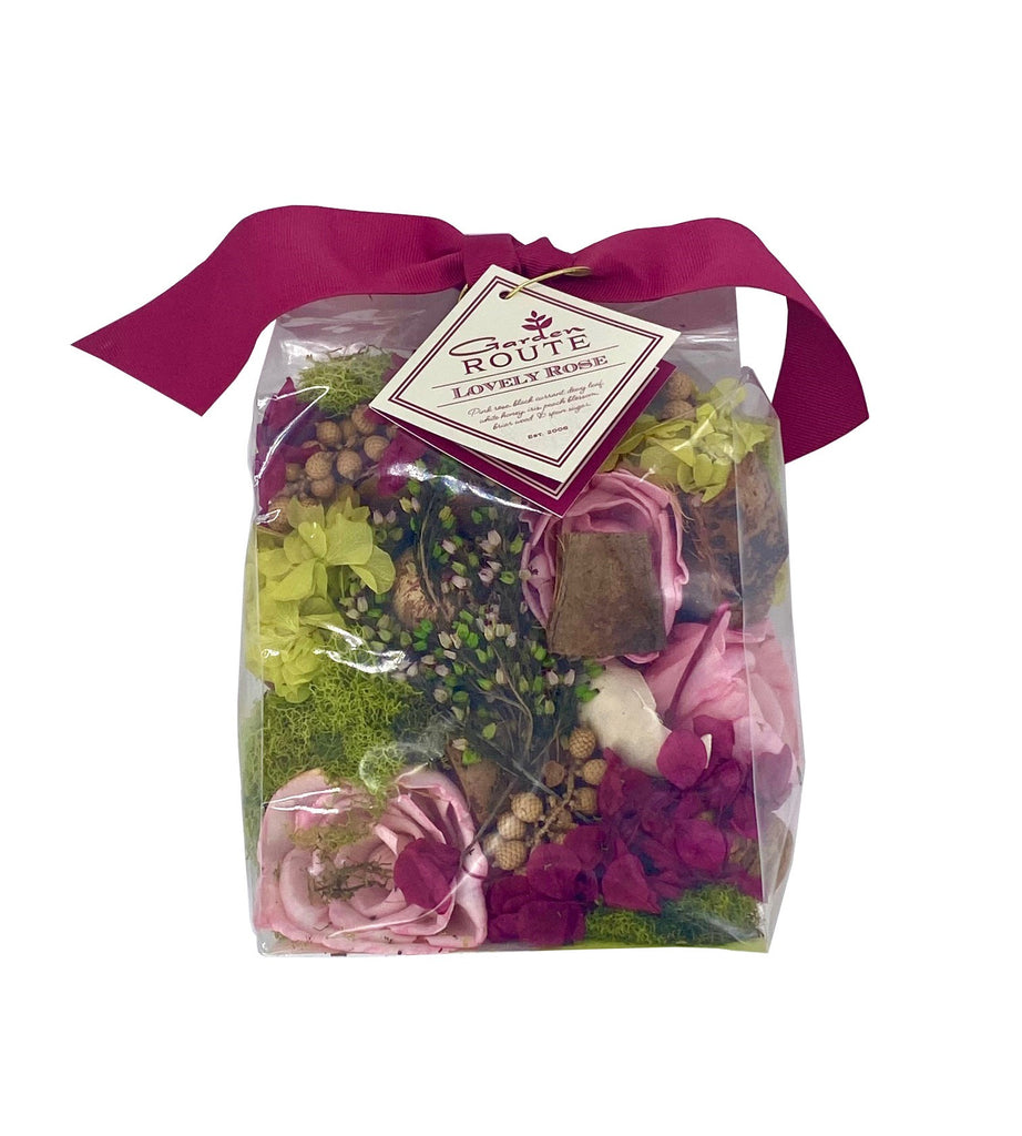 This delightful potpourri is choc-full of beautiful botanicals including pink roses, peach blossom and briar wood, all scented with a subtle damask rose fragrance. Pour into a bowl or glass jar for an instant, fragrant table or room centerpiece. Organic, rose scented potpourri. Net wt: 7oz.