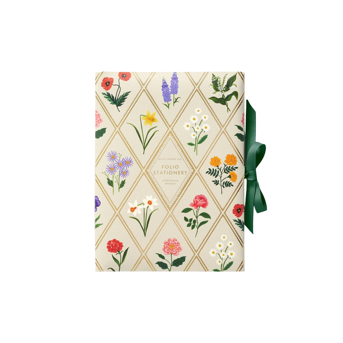 Giftable stationery set with floral design and green ribbon on a white background