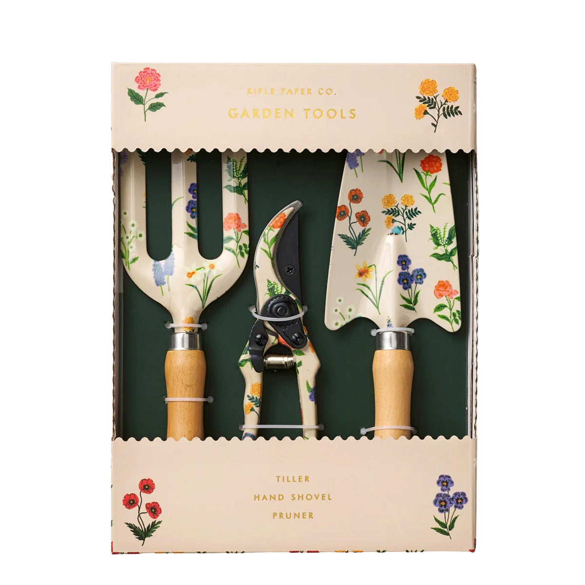 Set of garden tools with floral design packaging
