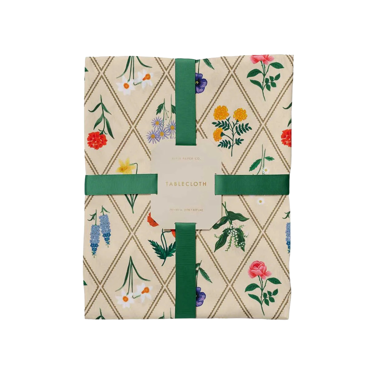 Floral-patterned tablecloth with green ribbons on a white background