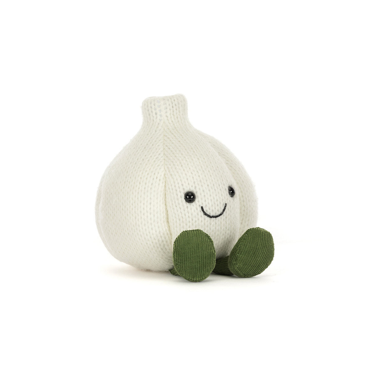 A knitted Jellycat garlic plush toy in off-white with a simple embroidered smiley face and olive green feet, photographed on a clean white background.