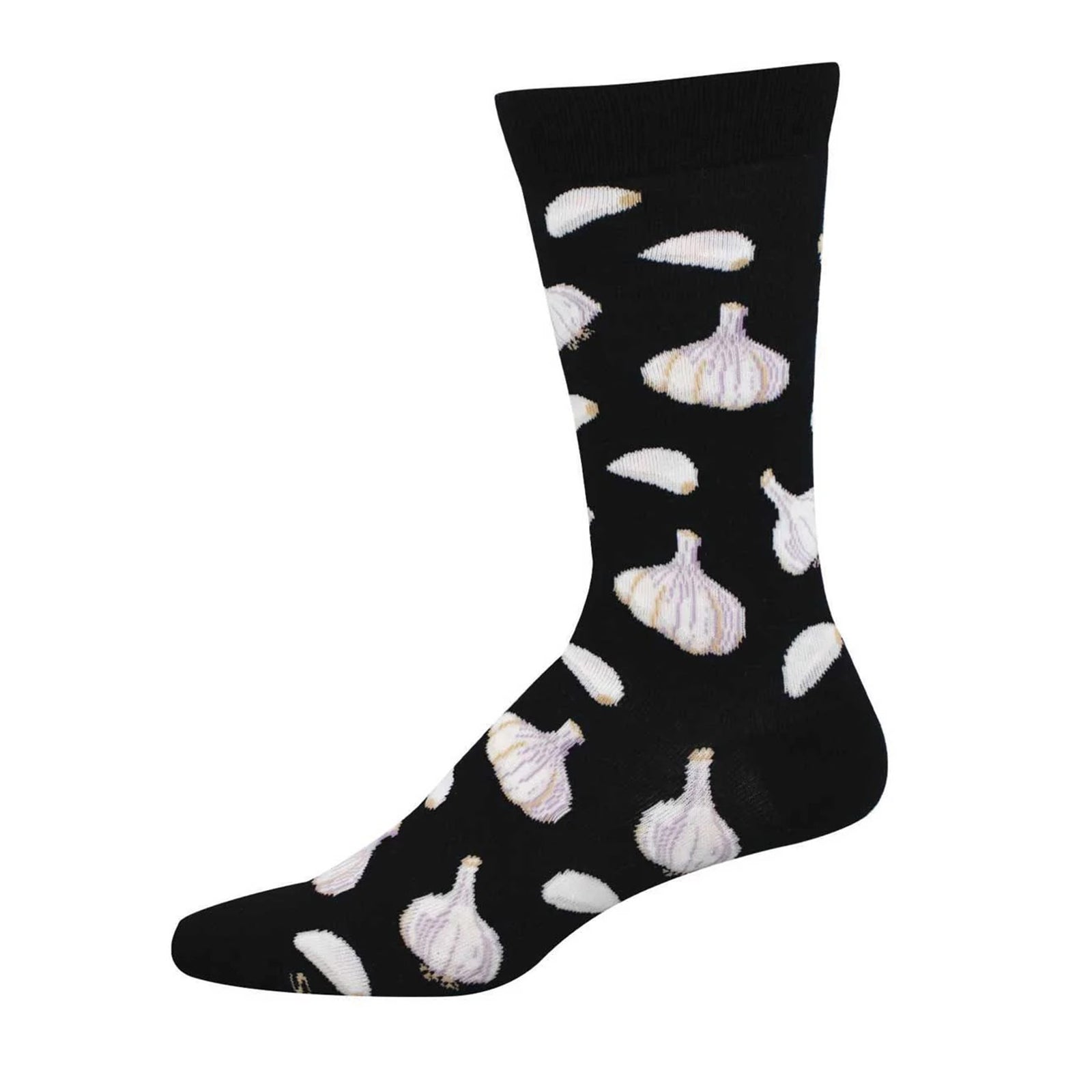 Black sock with white garlic bulb pattern on a white background