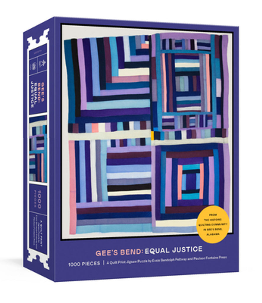 An extraordinary 750-piece puzzle that portrays an intricate, geometric-patterned quilt in mesmerizing shades of teal, lavender, pink, and royal blue stitched by Essie Bendolph Pettway, a member of the historic Gee's Bend quilting community. Finished puzzle size: 22" x 19 3/4 ".