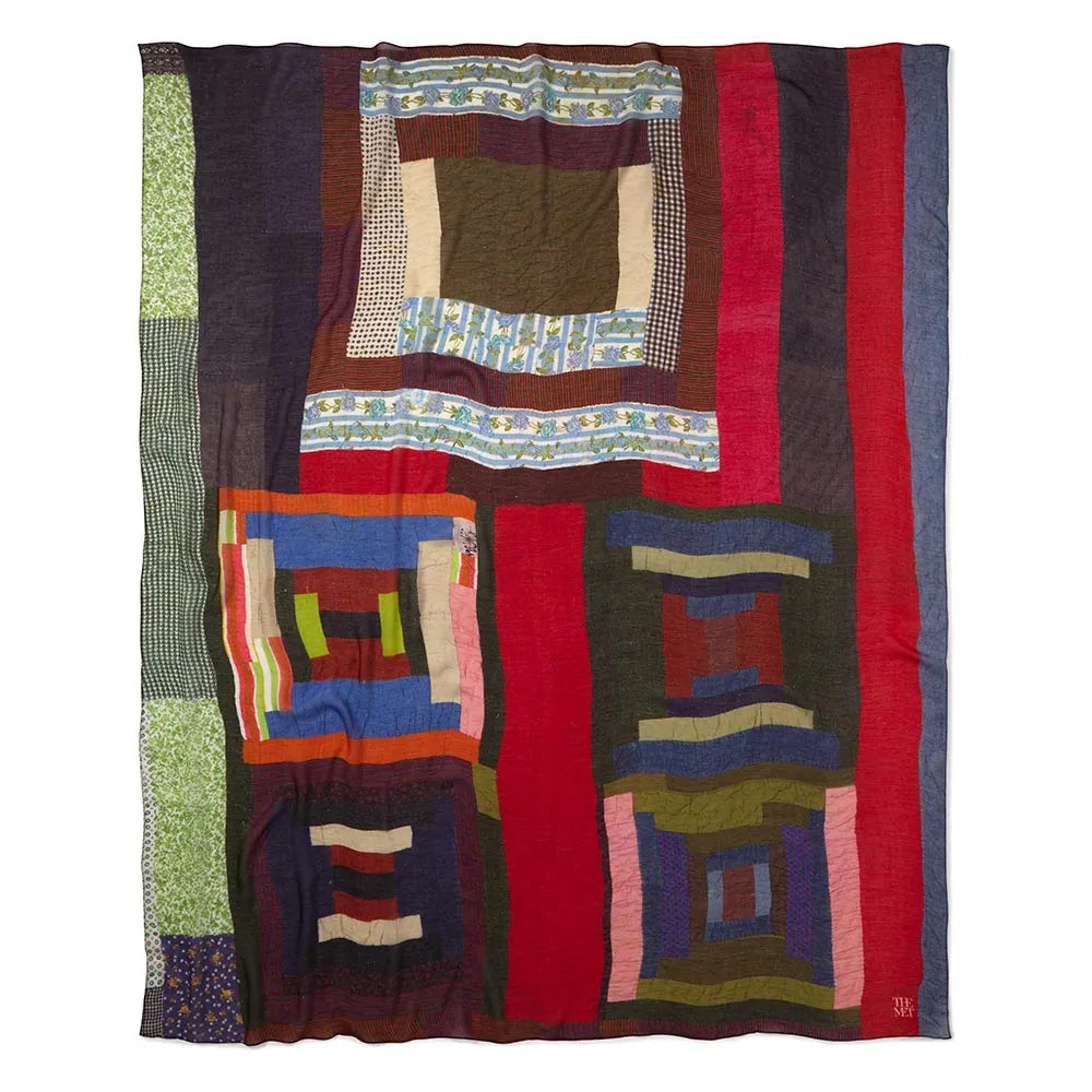 The design on this striking scarf recreates Housetop and Bricklayer with Bars (ca. 1955), a pattern by Gee's Bend quilter Lucy T. Pettway (American, 1921–2004). The extraordinary craftswomen of Gee's Bend, Alabama, have nurtured the art of quilting since the 19th century. 85% modal/15% silk.:50'' x 38''.  Dry clean.