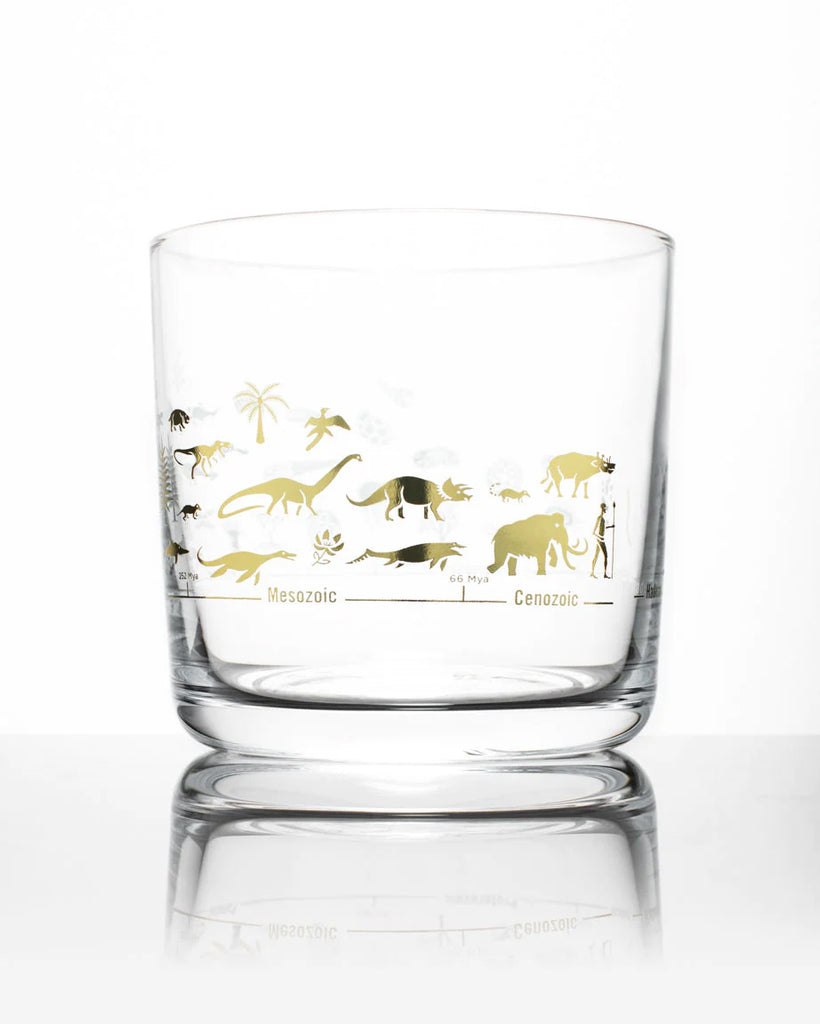 Wander back through the eras and immerse yourself in the evolution of life on earth with this Geologic Time Scale Whiskey Glass. Designed in shapes inspired by laboratory glassware, this glass has elegant lines and a comfortable hand-feel. Dishwasher Safe Compostable packaging Height 3.3". Diameter: 3.5" 12 oz