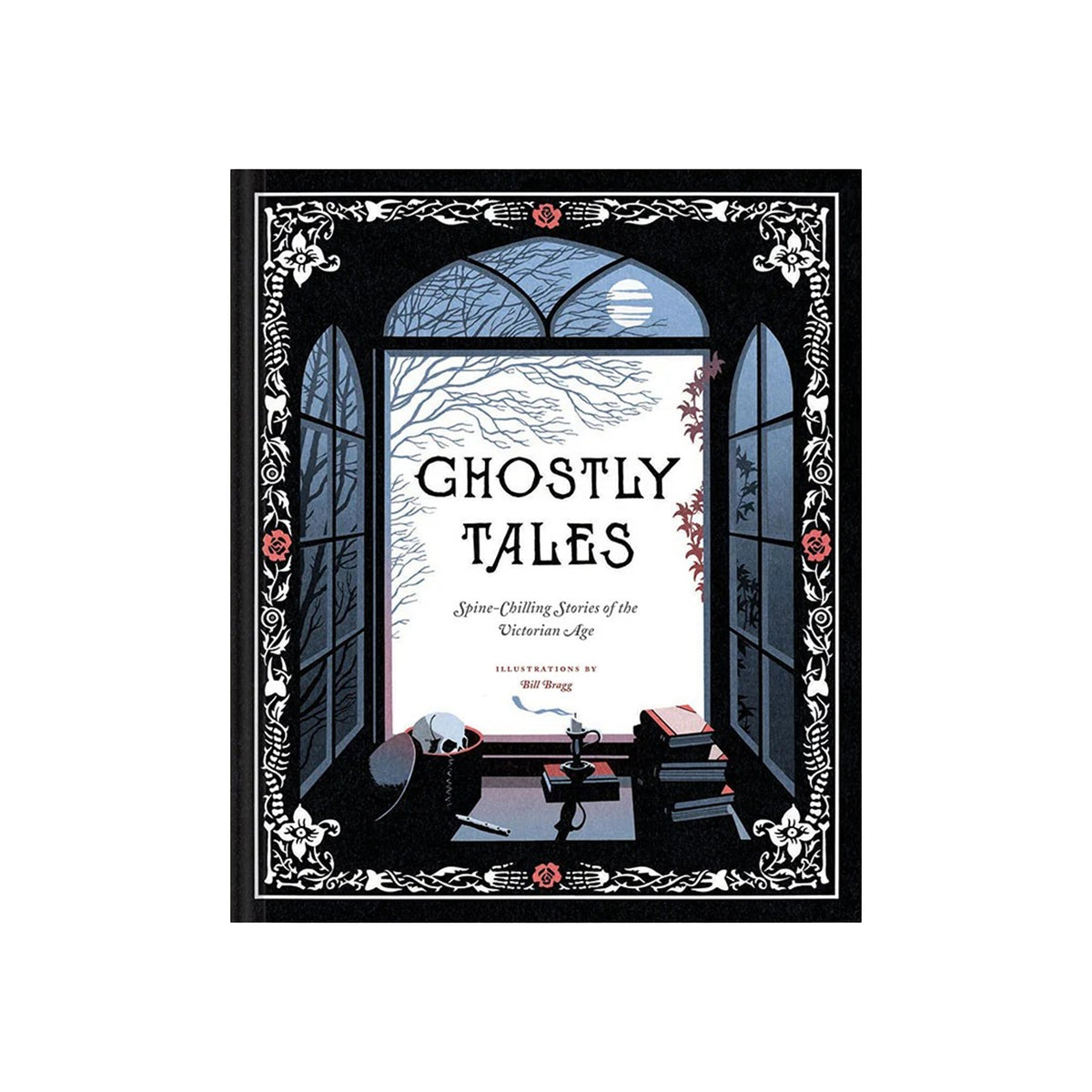 The book cover of 'Ghostly Tales' by Matt Brown, featuring a spooky illustration of a skeleton at a desk looking out an arched window onto bare winter trees under a full moon.