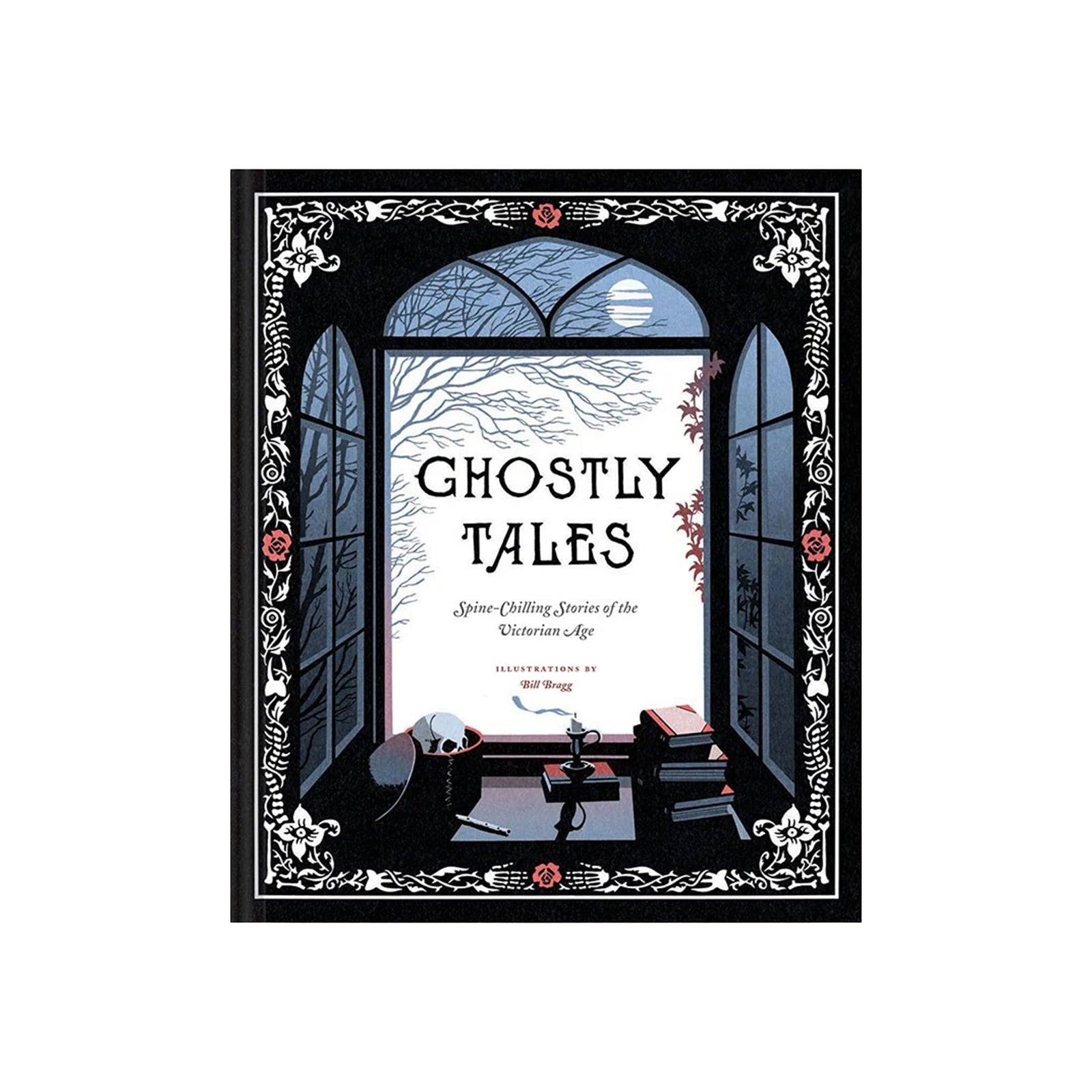 The book cover of 'Ghostly Tales' by Matt Brown, featuring a spooky illustration of a skeleton at a desk looking out an arched window onto bare winter trees under a full moon.