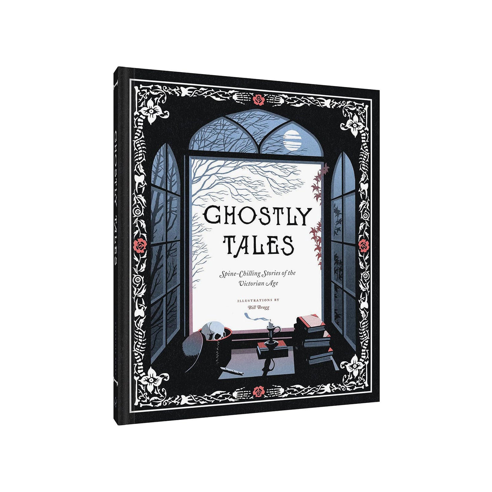 The book cover of 'Ghostly Tales' by Matt Brown, featuring a spooky illustration of a skeleton at a desk looking out an arched window onto bare winter trees under a full moon.