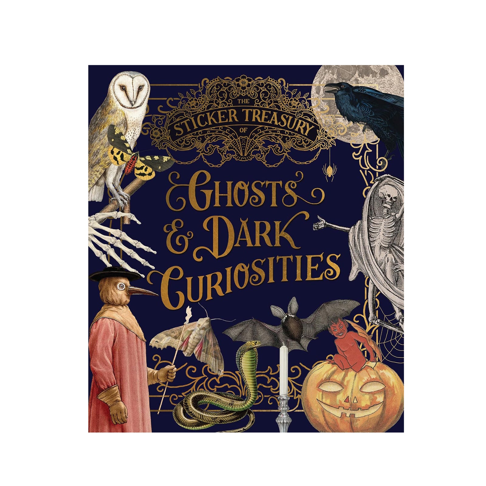 Sticker book cover titled 'Ghosts & Dark Curiosities' with vintage illustrations on a dark blue background.