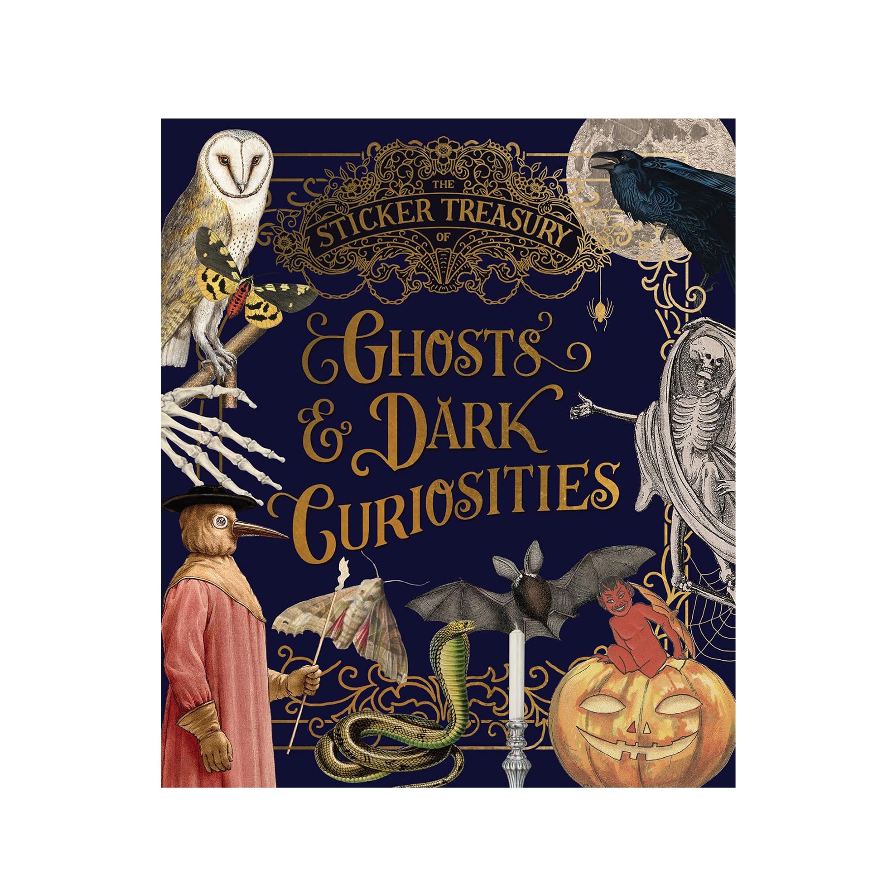 Sticker book cover titled 'Ghosts & Dark Curiosities' with vintage illustrations on a dark blue background.