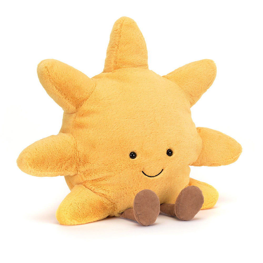 Amuseables Sun is here to brighten up the room without need for shades or sunblock – this giant-sized, chubby, cuddly bundle of rays is content to glow softly and warm your heart. An all-weather friend in buttery gold. Dimensions 44&quot; x 44&quot; x 18&quot;. Please do not leave in a cot/crib due to its size, Suitable from birth.