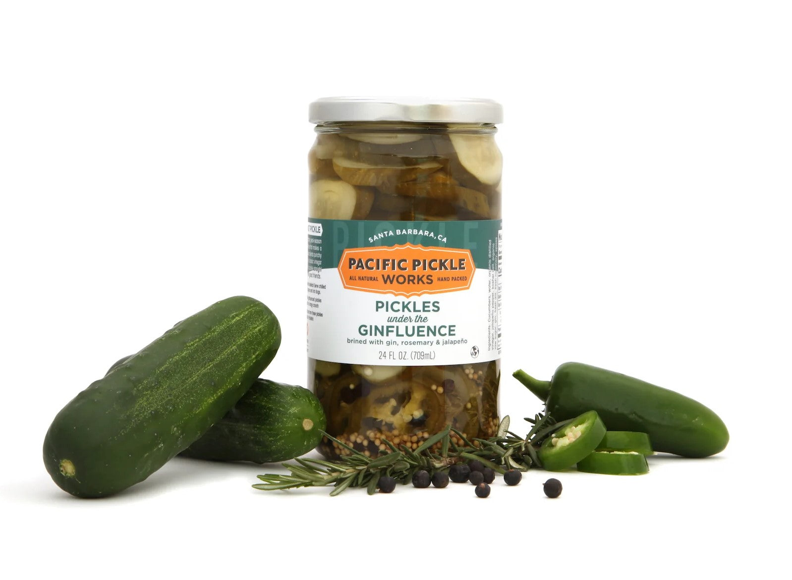 Lightly gin soaked and seasoned with fresh rosemary and jalapeños. Ingredients: Cucumber, water, organic distilled vinegar, jalapeño pepper, sea salt, organic raw sugar, gin, fresh dill, fresh rosemary, juniper berries, spices, calcium chloride (a naturally occurring mineral), natural juniper berry flavor 24 fl oz.