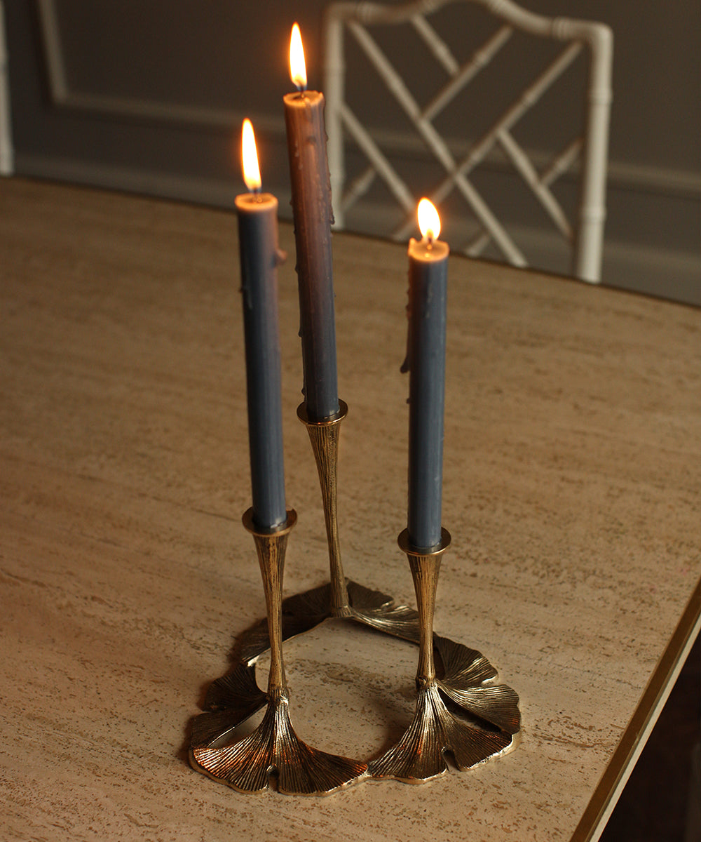 RECYCLED BRASS TRIPLE GINKGO LEAF CANDLE HOLDER