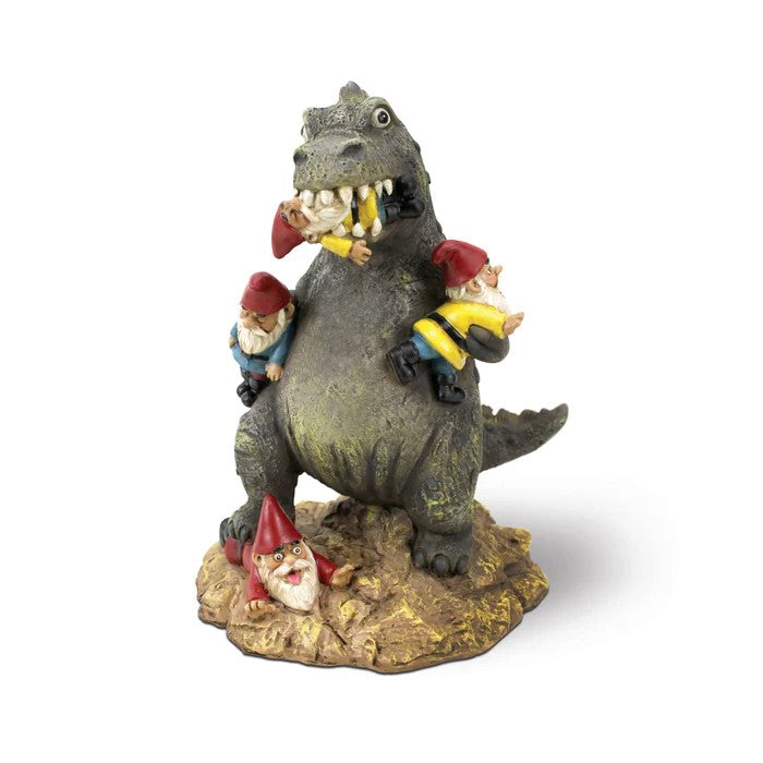 The gnomes are under attack! Straight out of a monster movie, the Great Garden Gnome Massacre will add a fun (and twisted) accent to your garden or backyard. Ceramic garden decor figure. Dimensions: 8.5&quot; x 4.5&quot;.