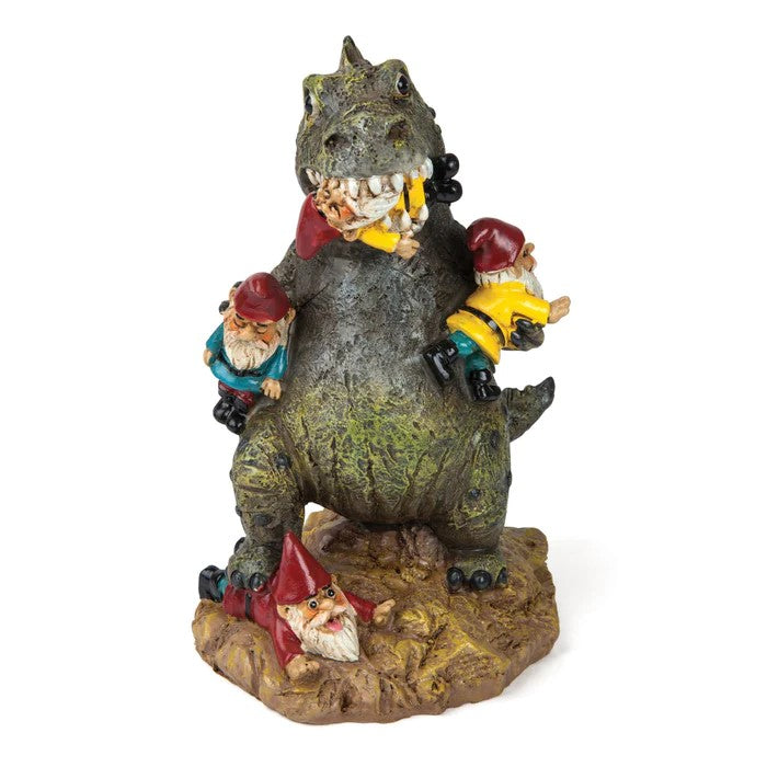 The gnomes are under attack! Straight out of a monster movie, the Great Garden Gnome Massacre will add a fun (and twisted) accent to your garden or backyard. Ceramic garden decor figure. Dimensions: 8.5" x 4.5".