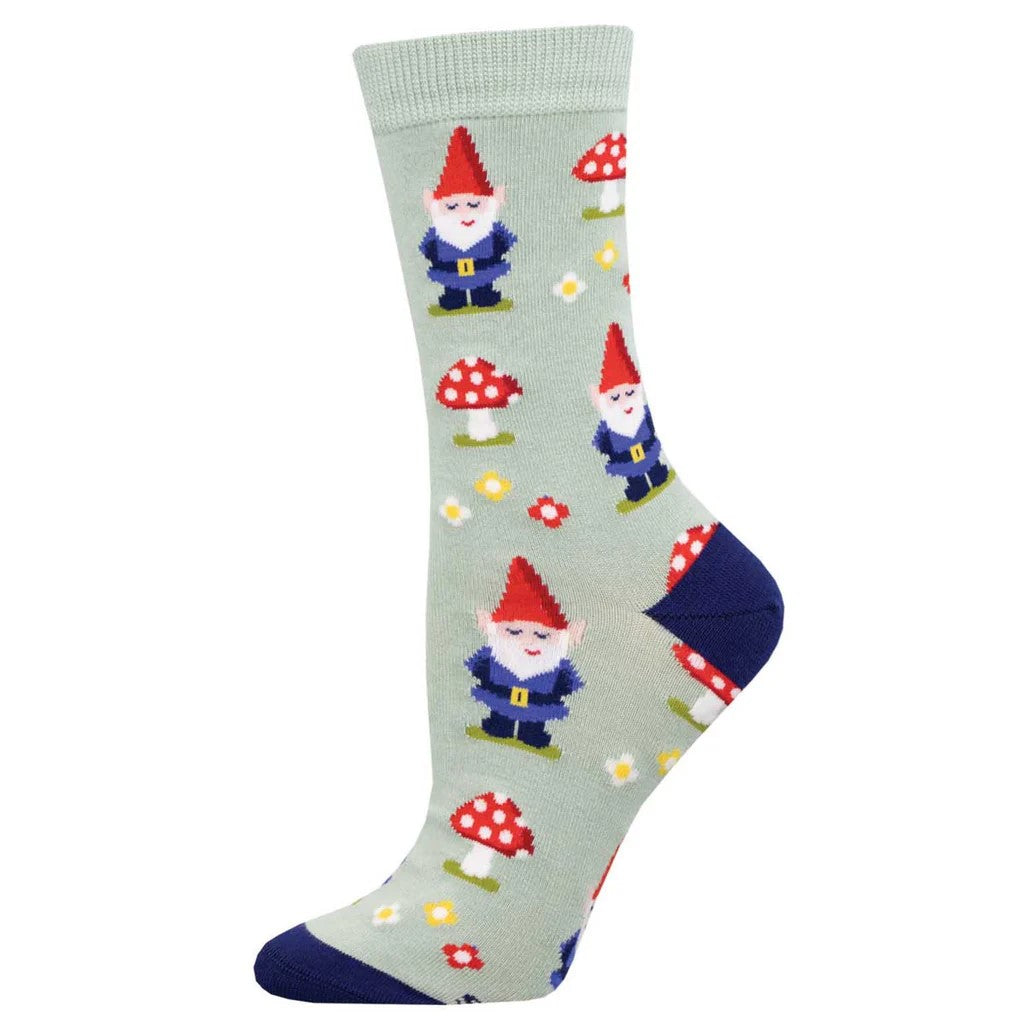 Colorful socks with gnome and mushroom design on a light gray background